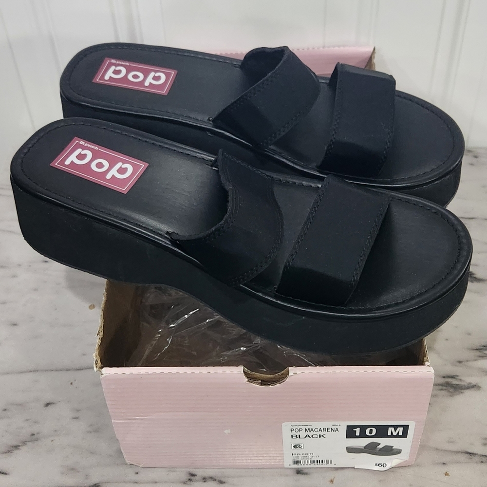 NWT POP black Macarena chunky platform sandals slides women's size 10